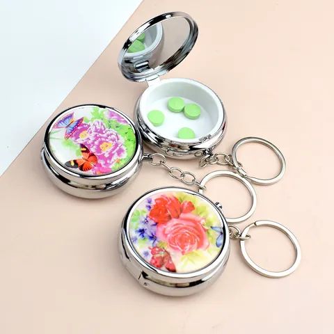 Boîte à Pilules Ronde Portable en Métal Avec Miroir Motif Floral Porte-clés Pour Voyage Quotidien Femmes Organisateur de Bijoux