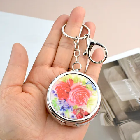 Boîte à Pilules Ronde Portable en Métal Avec Miroir Motif Floral Porte-clés Pour Voyage Quotidien Femmes Organisateur de Bijoux