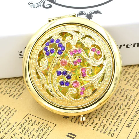 Vintage Metal Hollow Compact Mirror With Rhinestone Flower Peacock Dragonfly Pattern Foldable Double Sided Makeup Mirror