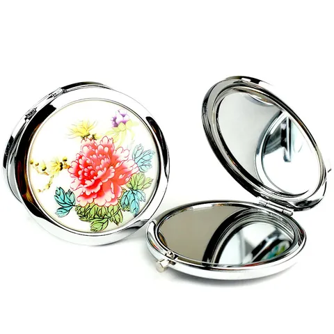 Miroir de Maquillage Pliant Double Face Portable Style Chinois Vintage Miroir de Poche en Métal Avec Motif de Fleurs de Pivoine