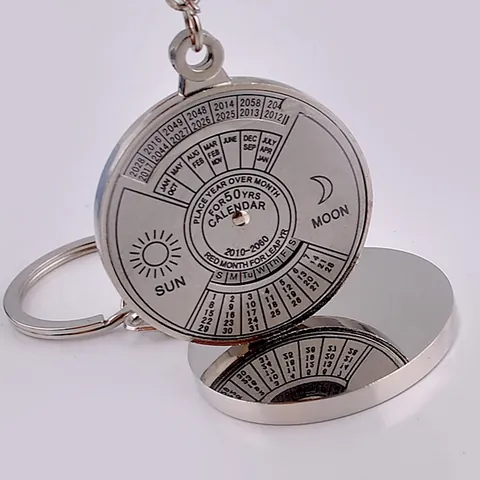 Perpetual Calendar Keychain Rotating Metal Zinc Alloy Date Month Week Key Ring Sun Moon Pattern Creative Gift Accessory
