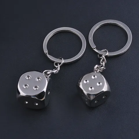 Polierte Zinklegierung Würfelform Metall Schlüsselanhänger Kreative Gaming Würfel Anhänger Schlüsselring Für Damen Herren Schmuck Silber Farbe