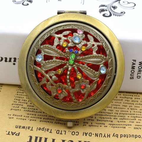 Vintage Round Folding Pocket Makeup Mirror Iron Hollow Out Rhinestone Inlaid Double Sided Compact Mirror For Women Travel