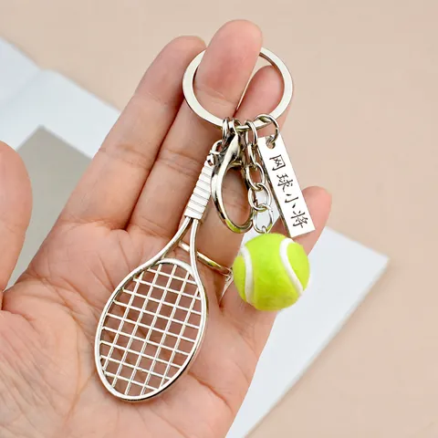 Tennis Racket Keychain With Mini Neon Ball And LOVE Ribbon Sporty Zinc Alloy Keyring School Award Sports Souvenir Gift
