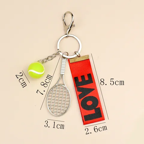 Tennis Racket Keychain With Mini Neon Ball And LOVE Ribbon Sporty Zinc Alloy Keyring School Award Sports Souvenir Gift