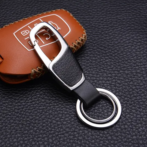 Business Leather Metal Car Keychain For Men Women Zinc Alloy Key Ring Holder With Spring Hook Litchi Pattern Key Fob Pendant