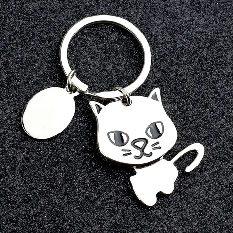 Simple Zinc Alloy Movable Animal Keychain With DIY Blank Tag Cartoon Puppy Kitten Shape Metal Key Ring Pendant Accessory