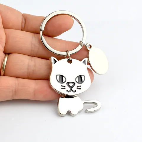 Simple Zinc Alloy Movable Animal Keychain With DIY Blank Tag Cartoon Puppy Kitten Shape Metal Key Ring Pendant Accessory
