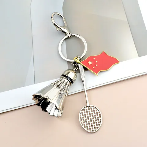 Simulation Metal Badminton Keychain With Racket And Shuttlecock Pendant Silver Sports Theme Key Ring For Bag Backpack Car Hanging Gift