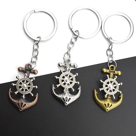 Vintage Zinc Alloy Nautical Anchor Ship Wheel Keychain Retro Metal Pirate Theme Hanging Ornament Key Ring For Men Women Gift