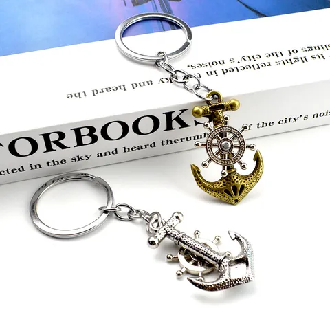 Vintage Zinc Alloy Nautical Anchor Ship Wheel Keychain Retro Metal Pirate Theme Hanging Ornament Key Ring For Men Women Gift