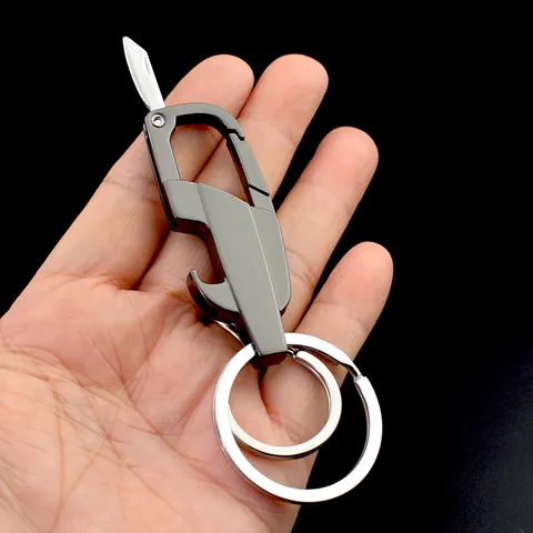 Multi-functional Zinc Alloy Keychain With Bottle Opener Folding Mini Tool Snap Hook Carabiner Double Rings Men EDC Tool
