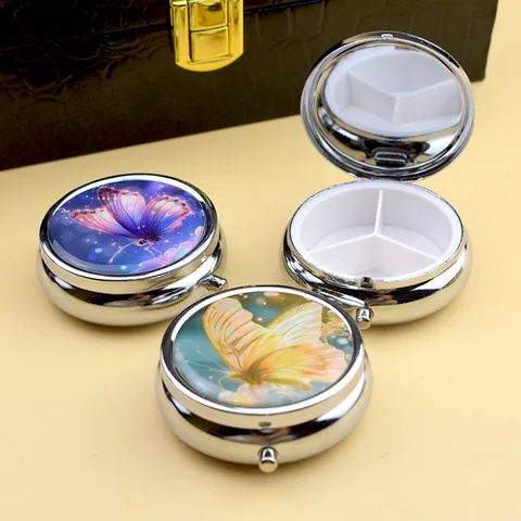 Portable Metal Pill Box Mini Jewelry Storage Case With Mirror Butterfly Pattern Travel Medicine Organizer Container