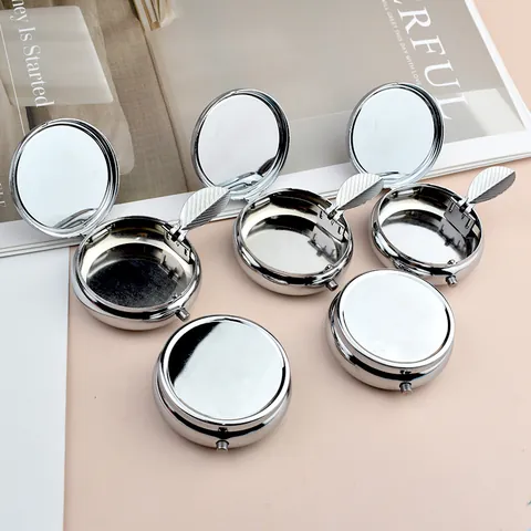 Mini Portable Metal Round Ashtray With Flip Lid Built-in Mirror And Folding Cigarette Holder Smoking Accessory For Outdoor