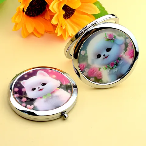 Portable Folding Makeup Mirror Metal Dual Sided Compact Pocket Mirror Cute Cartoon Dog Flower Pattern Cosmetic Tool For Women