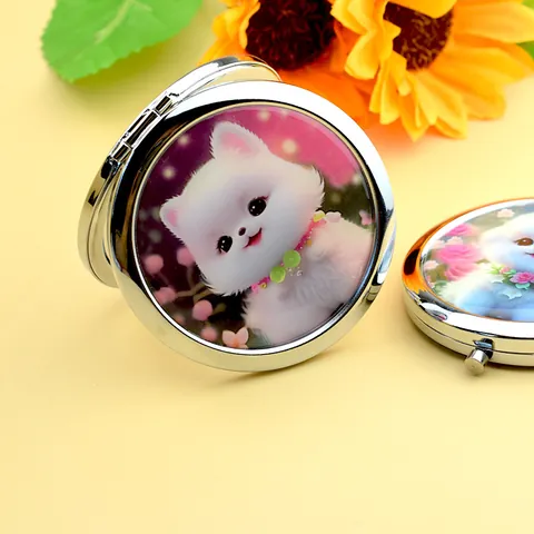 Portable Folding Makeup Mirror Metal Dual Sided Compact Pocket Mirror Cute Cartoon Dog Flower Pattern Cosmetic Tool For Women