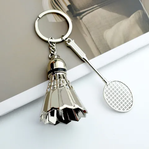 Simulation Metal Badminton Keychain With Racket And Shuttlecock Pendant Silver Sports Theme Key Ring For Bag Backpack Car Hanging Gift