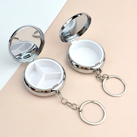 Boîte à Pilules Métal Portable Porte-clés Avec Miroir Petite Boîte de Rangement Bijoux Ronde Rectangulaire Voyage