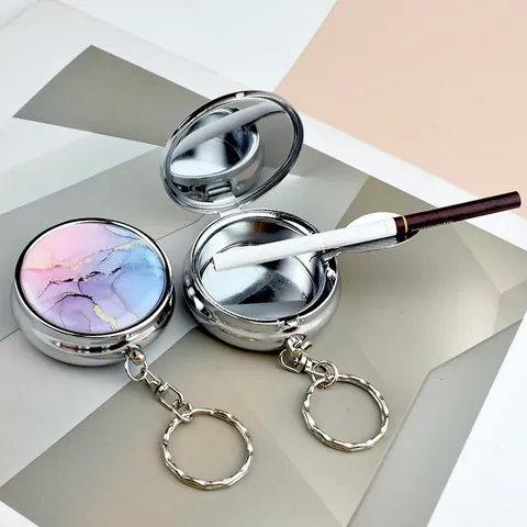 Portable Mini Metal Ashtray Keychain With Lid Round Marble Pattern Cigarette Holder Mirror Case For Travel Outdoor Gift