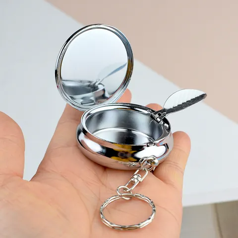 Posacenere Portatile Tondo in Metallo Portachiavi Con Specchio Porta Sigarette Pieghevole Accessorio da Tasca per Auto