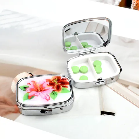 Portable Metal Pill Box With Mirror Mini Jewelry Storage Case For Travel Pocket Medicine Organizer Floral Marble Pattern Dual Compartment Compact Case