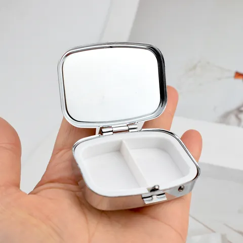 Portable Metal Pill Box With Mirror Mini Jewelry Storage Case For Travel Pocket Medicine Organizer Floral Marble Pattern Dual Compartment Compact Case