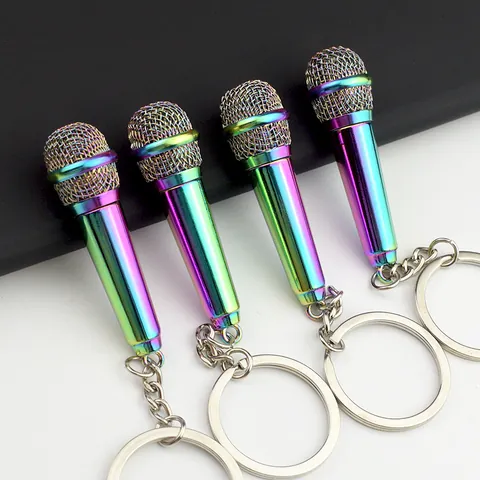 Simulated Zinc Alloy Microphone Keychain Iridescent Gold Silver Metal Mic Key Ring For Singer Performance Souvenir Gift