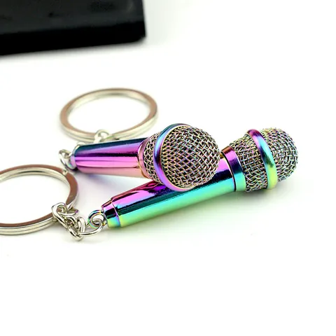 Simulated Zinc Alloy Microphone Keychain Iridescent Gold Silver Metal Mic Key Ring For Singer Performance Souvenir Gift