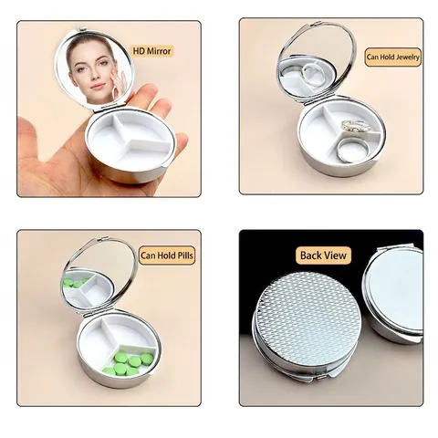 Portapillole Rotondo in Metallo Portatile Con Specchio per Trucco Multivani Contenitore per Gioielli Argento Organizzatore per Medicine da Viaggio