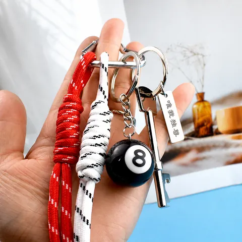 Retro Black 8 Billiard Ball Keychain With Woven Cord Key Shaped Bottle Opener Pendant Car Bag Hanging Accessory Jewelry For Men Women