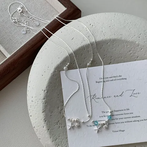 S925 Sterling Silver Starfish Shell Necklace For Women Pearl Crystal Beads Ocean Theme Minimalist Beach Jewelry Gift