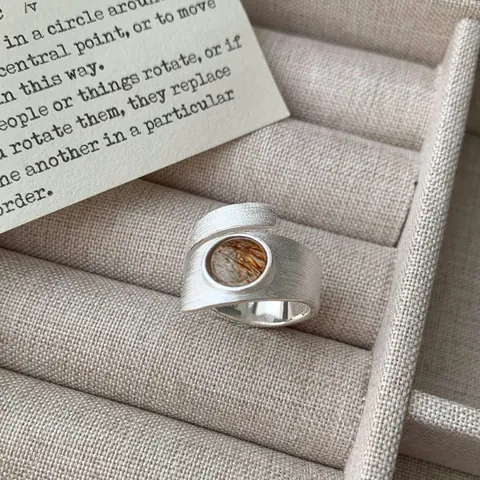 S925 Sterling Silver Irregular Yellow Rutilated Quartz Open Ring For Women Frosted Brushed Adjustable Geometric Hand Jewelry Gift