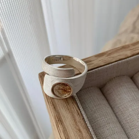 S925 Sterling Silver Irregular Yellow Rutilated Quartz Open Ring For Women Frosted Brushed Adjustable Geometric Hand Jewelry Gift