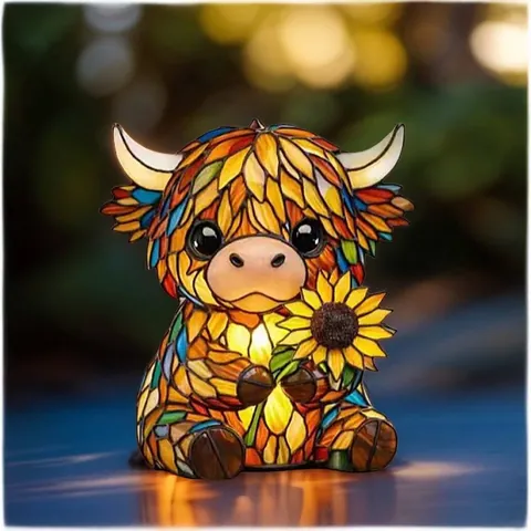 Highland Cow LED Night Light Resin Statue Artistic Stained Glass Style Lamp Decoration For Home Bedroom Desktop Gift