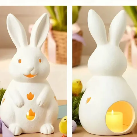Candelabro de Resina de Conejo de Pascua con Diseño Hueco de Tulipa y Corazón Estatua Decorativa con Luz LED para Hogar