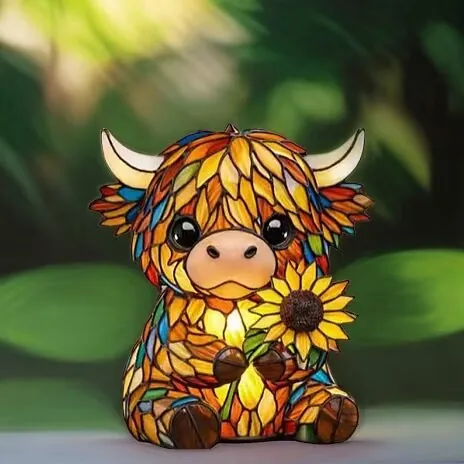 Highland Cow LED Night Light Resin Statue Artistic Stained Glass Style Lamp Decoration For Home Bedroom Desktop Gift