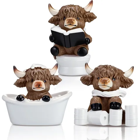 Statue de Salle de Bain Vache Highland en Résine Rigolote Baignoire Toilettes Vache Lisant Figurine Imperméable Décor Maison