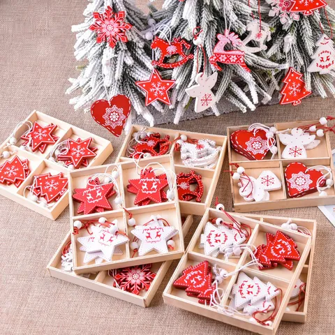 Christmas Wooden Pendants With Storage Box Red White Snowflake Patterns Tree Star Reindeer Shapes For Festive Holiday Tree Wall Decoration