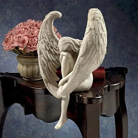 European Vintage White Resin Angel Figurine Pensive Female Statue With Wings Desktop Garden Home Decor Sculpture Art Ornament Gift