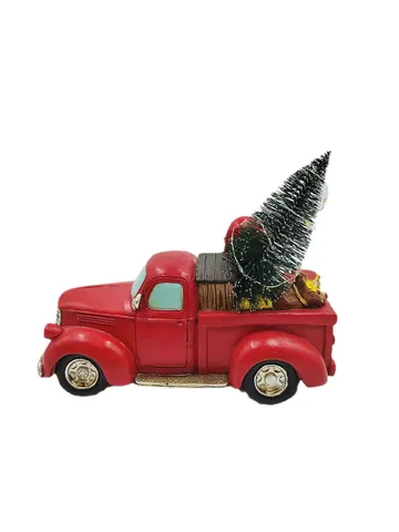 Décoration de Noël en Résine Camion Rouge Rétro Père Noël Bonhomme de Neige Renne Sapin Figurine de Bureau Enneigée Décor de Fête