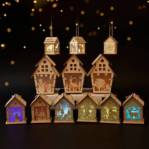DIY Wooden Christmas LED Light House Ornament Glowing Cabin Xmas Tree Hanging Decoration For Holiday Home Tabletop Decor Gift