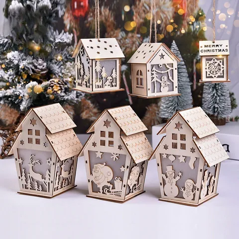 DIY Wooden Christmas LED Light House Ornament Glowing Cabin Xmas Tree Hanging Decoration For Holiday Home Tabletop Decor Gift