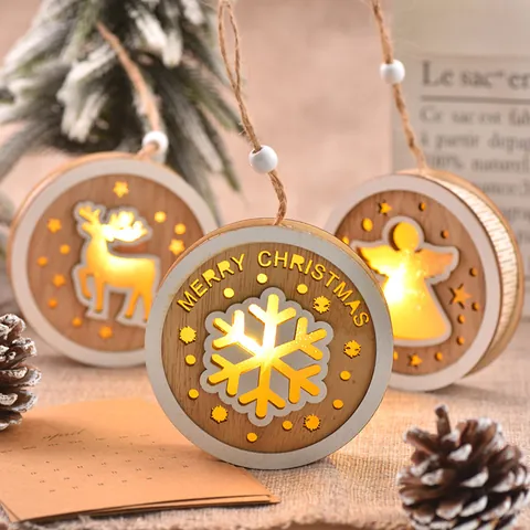 Rustico Ornamento Natalizio da Appendere in Legno con LED Rotondo Traforato Renna Angelo Fiocco di Neve Decorazione per Albero con Corda di Juta
