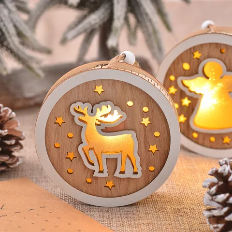Rustico Ornamento Natalizio da Appendere in Legno con LED Rotondo Traforato Renna Angelo Fiocco di Neve Decorazione per Albero con Corda di Juta