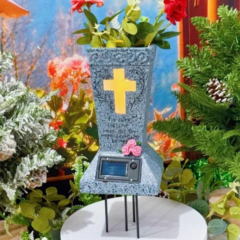 Zonne-energie Memorial Grafvaas Hars Steentextuur Kruis Roos Buiten Begraafplaats Decoratie Tuinbeeld Ornament Herdenkingsgeschenk