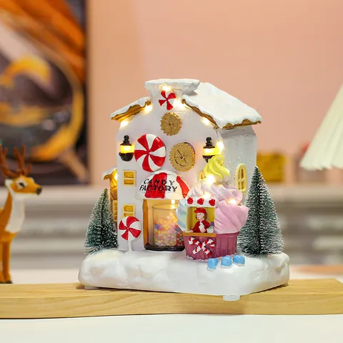 Christmas Luminous Musical Candy Factory House Resin LED Light Rotating Ornament Desktop Holiday Decor