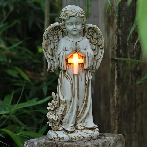 Estatua de Ángel Solar Impermeable Resina Figura de Ángel Rezando Con Luz Decoración de Patio de Cementerio Aire Libre