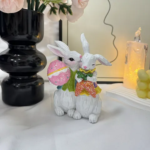Easter Bunny Couple Figurine Resin Rabbit Statue Ornament With Glitter Egg And Carrot For Home Desktop Decor Festive Gift