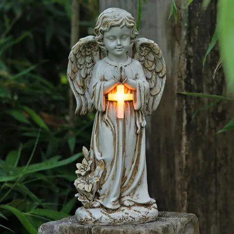 Zonne-Energie Engel Standbeeld Waterdicht Hars Biddende Engel Beeldje Met Licht Buiten Begraafplaats Tuin Decoratie