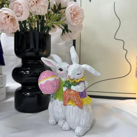 Easter Bunny Couple Figurine Resin Rabbit Statue Ornament With Glitter Egg And Carrot For Home Desktop Decor Festive Gift